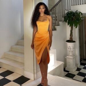 HOUSE OF CB 'Bianca' Tangerine Satin Corset Midi Dress/sz Small US4-6 $285